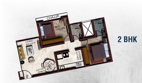 Floor plan of 2 BHK 552 Sq. Ft. Apartment in Elite Ashwini Elite, Mumbai