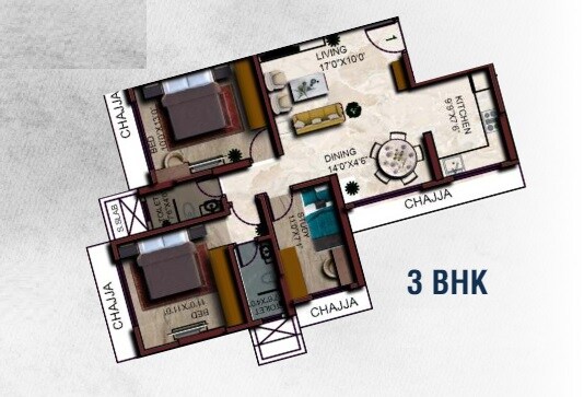 Floor plan of 3 BHK 752 Sq. Ft. Apartment in Elite Ashwini Elite, Mumbai