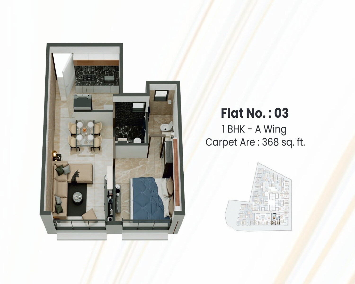 Floor plan of 1 BHK 368 Sq. Ft. Apartment in Elite Bliss, Mumbai