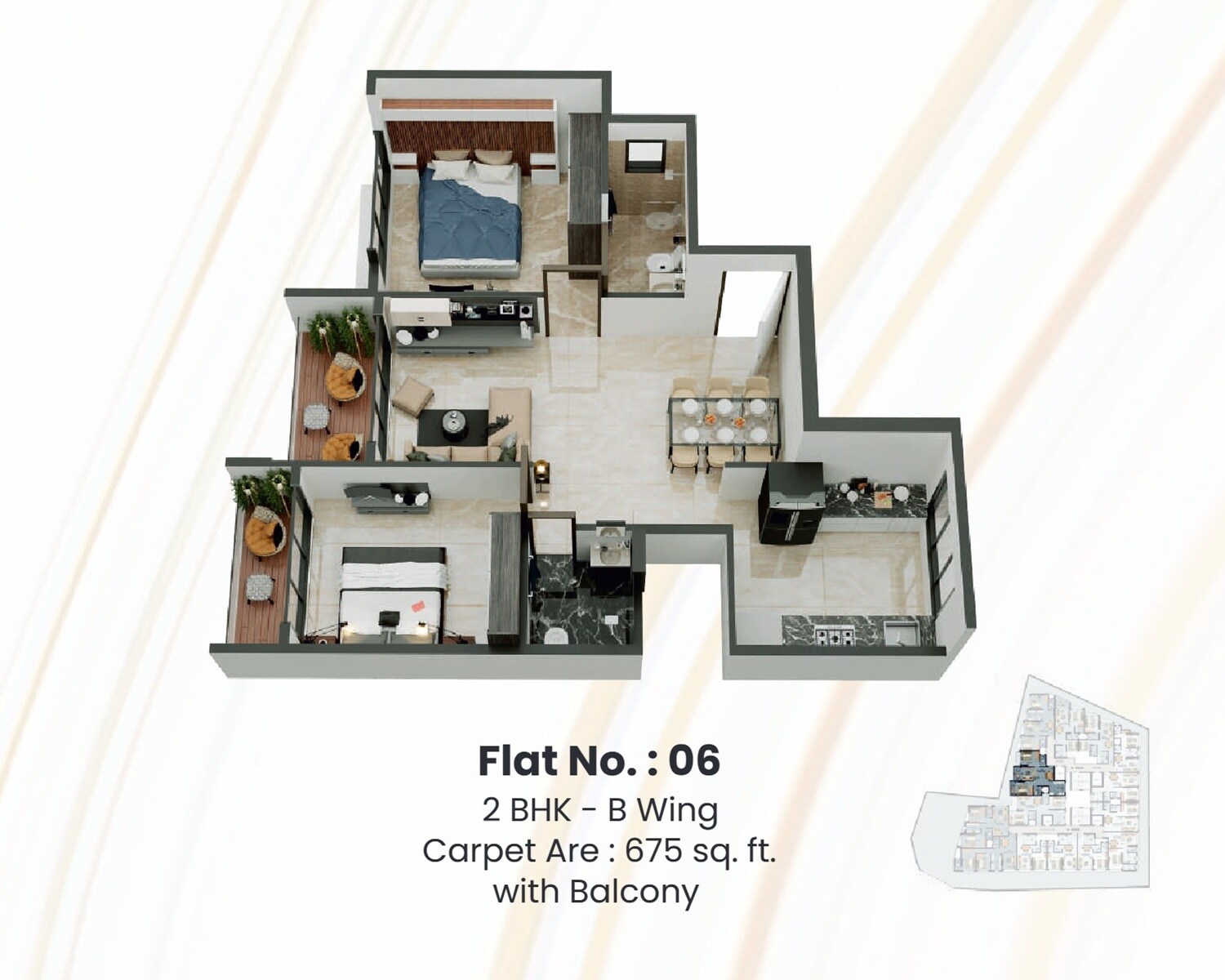 Floor plan of 2 BHK 675 Sq. Ft. Apartment in Elite Bliss, Mumbai