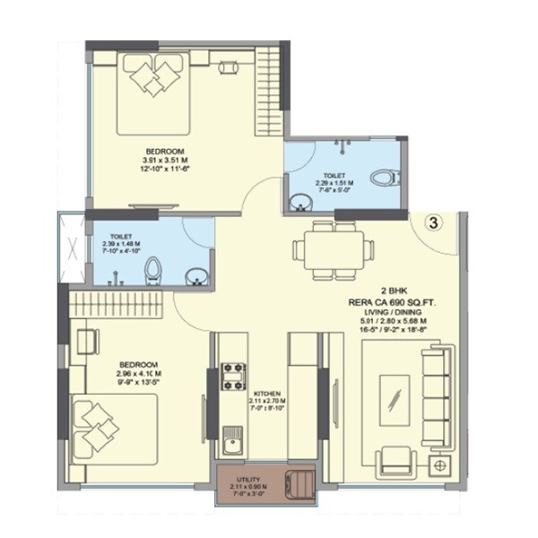 Floor plan of 2 BHK 690 Sq. Ft. Apartment in Elite MK Harmony, Mumbai