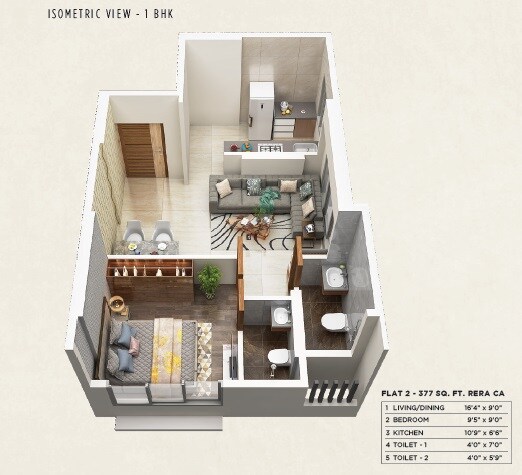 Floor plan of 1 BHK 377 Sq. Ft. Apartment in Elite MK Oasis, Mumbai