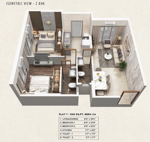 Floor plan of 2 BHK 509 Sq. Ft. Apartment in Elite MK Oasis, Mumbai