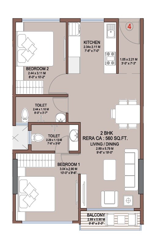 2 BHK 560 Sq. Ft. Apartment