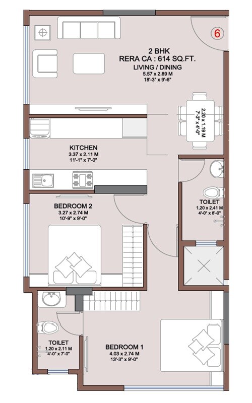 Floor plan of 2 BHK 614 Sq. Ft. Apartment in Elite Shubh, Mumbai
