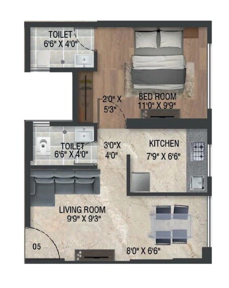 Floor plan of 1 BHK 395 Sq. Ft. Apartment in Emerald Inayah Residency, Mumbai