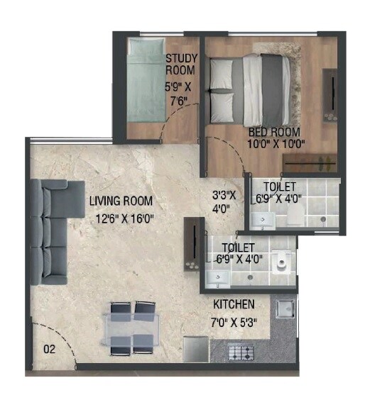 Floor plan of 2 BHK 467 Sq. Ft. Apartment in Emerald Inayah Residency, Mumbai