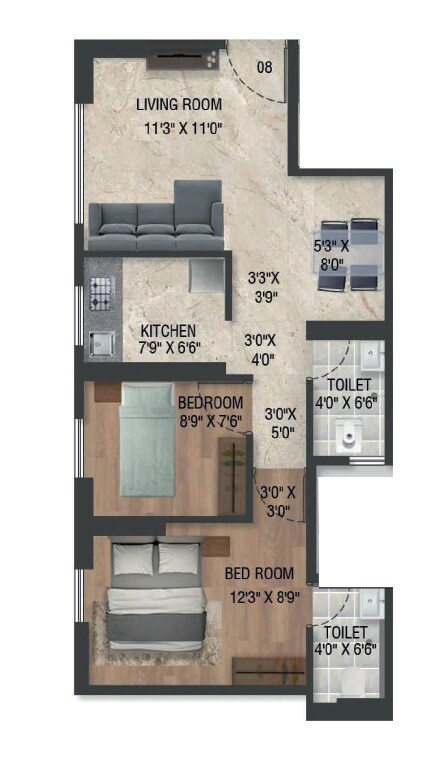 Floor plan of 2 BHK 518 Sq. Ft. Apartment in Emerald Inayah Residency, Mumbai