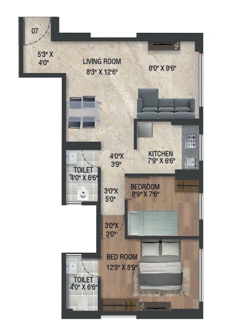 Floor plan of 2 BHK 555 Sq. Ft. Apartment in Emerald Inayah Residency, Mumbai