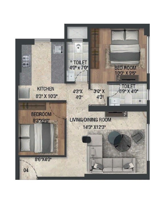 Floor plan of 2 BHK 575 Sq. Ft. Apartment in Emerald Inayah Residency, Mumbai