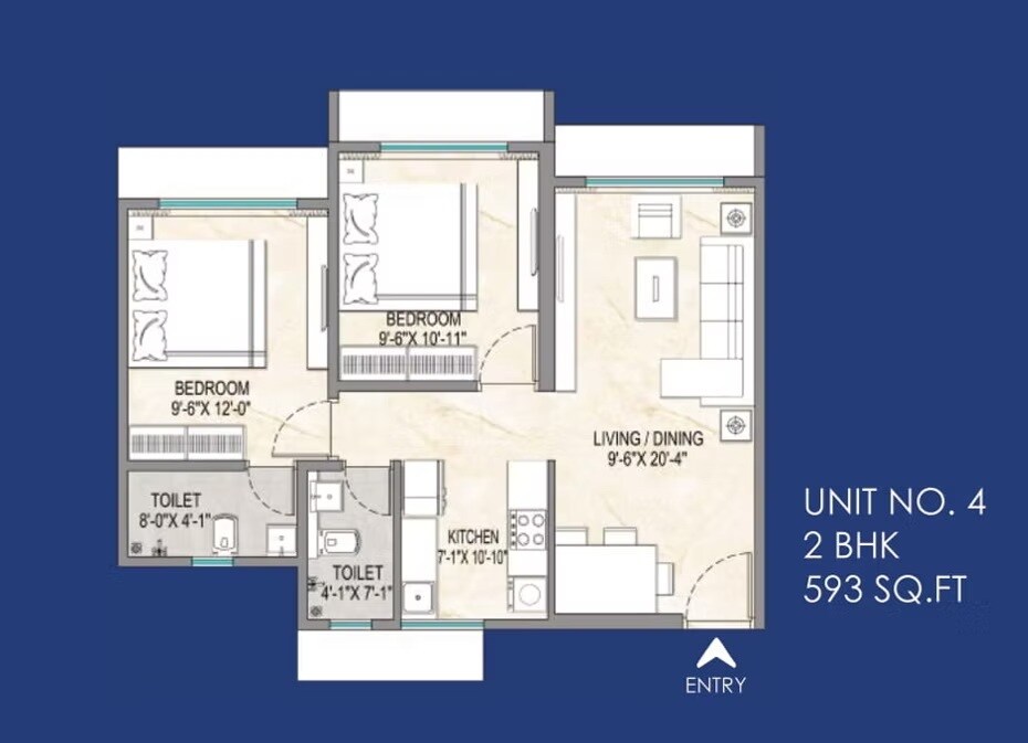 Floor plan of 2 BHK 593 Sq. Ft. Apartment in Empire Aashirwad, Mumbai