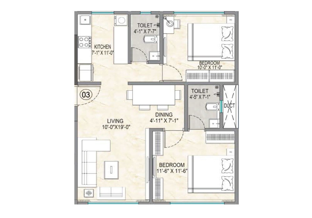 Floor plan of 2 BHK 655 Sq. Ft. Apartment in Empire Eternity, Mumbai