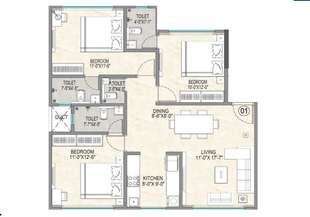 3 BHK 925 Sq. Ft. Apartment