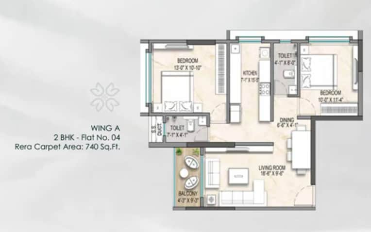 Floor plan of 2 BHK 740 Sq. Ft. Apartment in Empire Greens, Mumbai