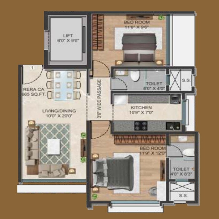 Floor plan of 2 BHK Apartment - 665 sq. ft. in Empire Kingston, Mumbai
