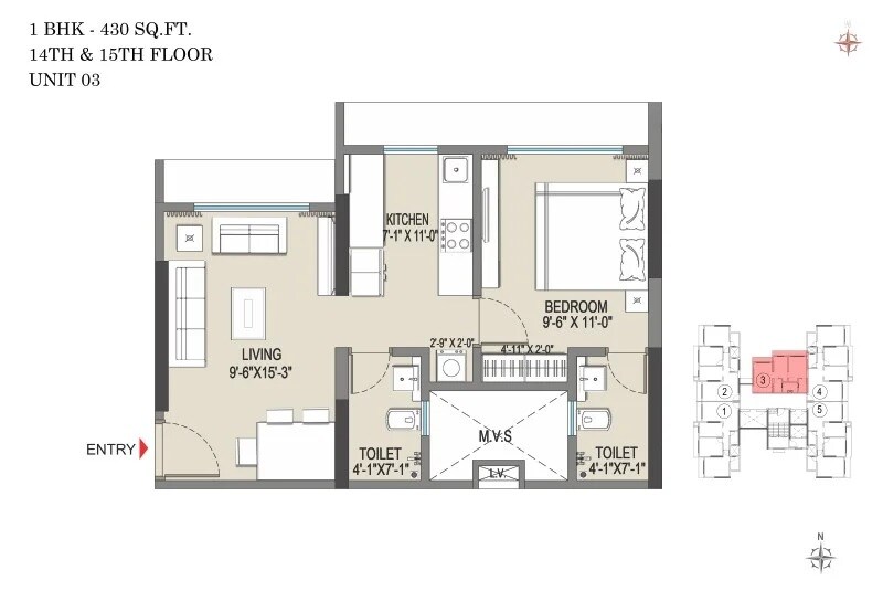 Floor plan of 1 BHK 430 Sq. Ft. Apartment in Empire Meghna, Mumbai