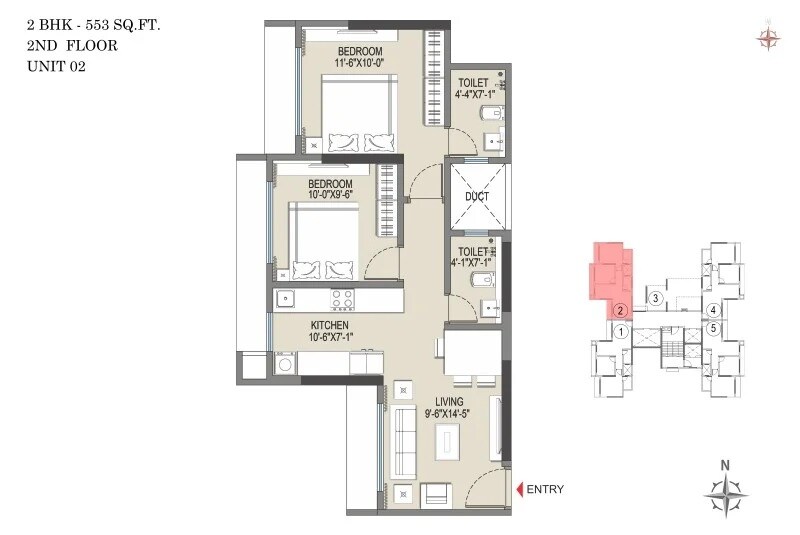 Floor plan of 2 BHK 553 Sq. Ft. Apartment in Empire Meghna, Mumbai
