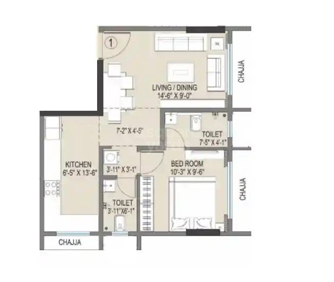 Floor plan of 1 BHK 436 Sq. Ft. Apartment in Empire Patel Bhuvan CHSL, Mumbai