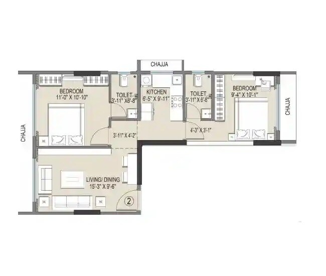 Floor plan of 2 BHK 528 Sq. Ft. Apartment in Empire Patel Bhuvan CHSL, Mumbai
