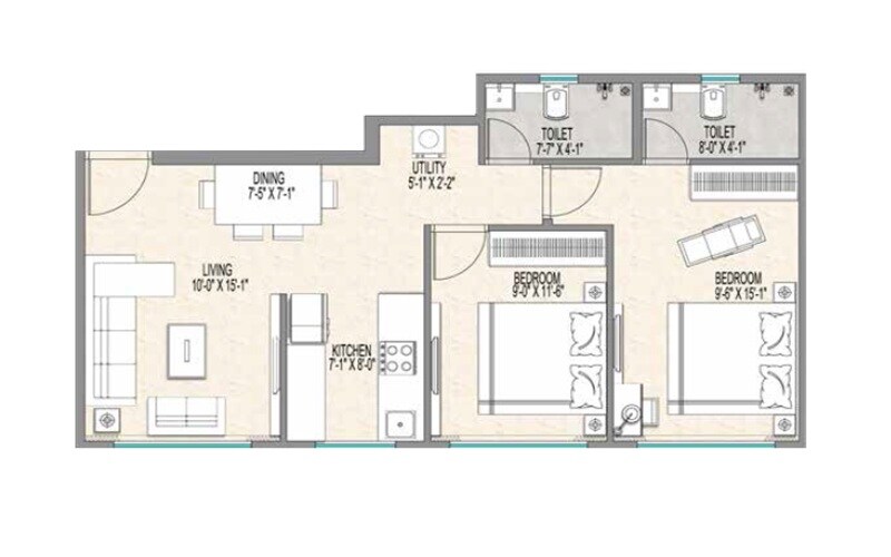 Floor plan of 2 BHK 638 Sq. Ft. Apartment in Empire Preston, Mumbai