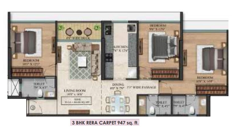 Floor plan of 3 BHK 947 Sq. Ft. Apartment in Empire The Legend, Mumbai