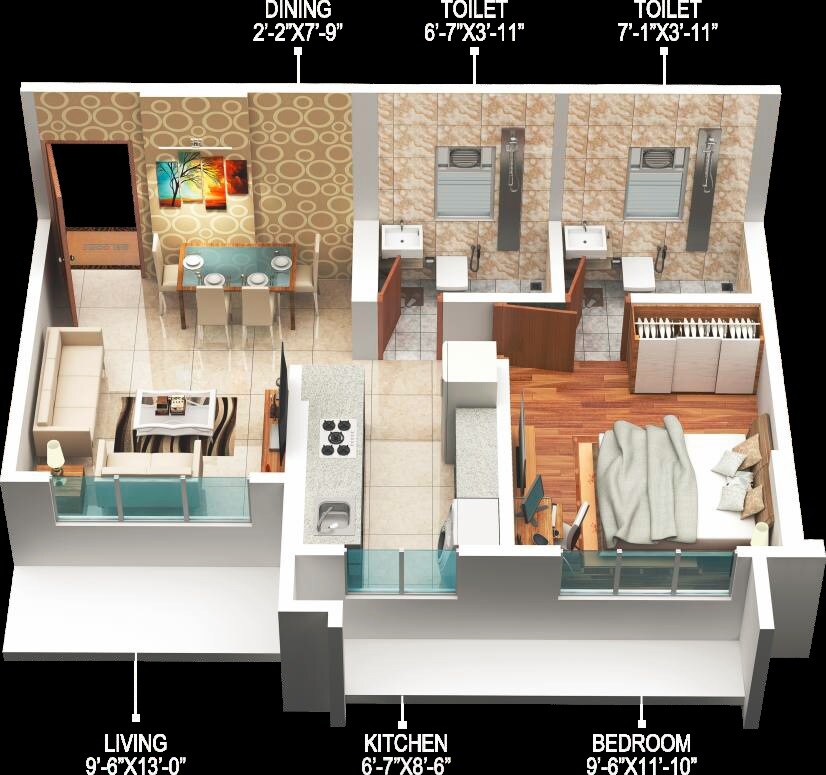 Floor plan of 1 BHK 405 Sq. Ft. Apartment in Empire Towers, Mumbai