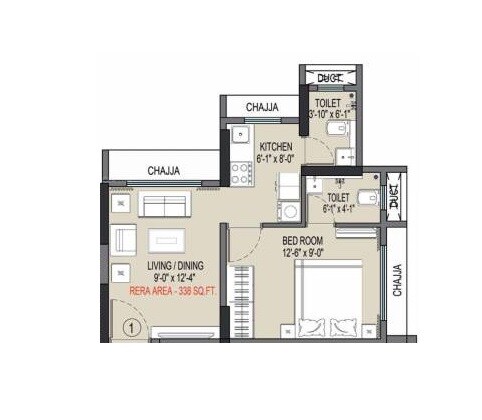 Floor plan of 1 BHK 338 Sq. Ft. Apartment in Empire Valencia, Mumbai