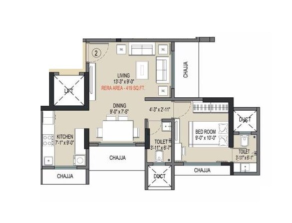 Floor plan of 1 BHK 419 Sq. Ft. Apartment in Empire Valencia, Mumbai