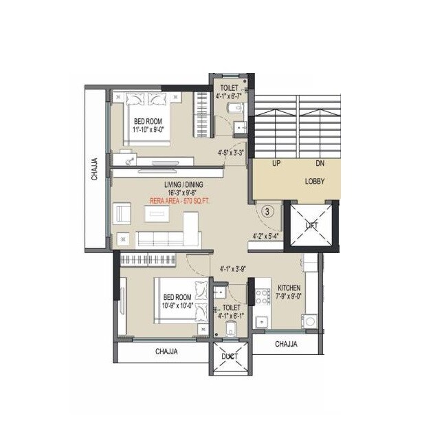 Floor plan of 2 BHK 570 Sq. Ft. Apartment in Empire Valencia, Mumbai