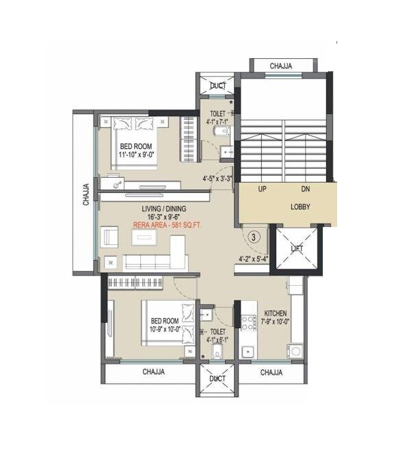 Floor plan of 2 BHK 581 Sq. Ft. Apartment in Empire Valencia, Mumbai