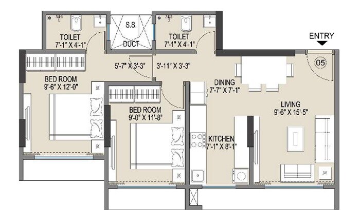 Floor plan of 2 BHK 596 Sq. Ft. Apartment in Empire Vrindavan, Mumbai