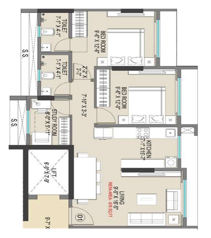 Floor plan of 2 BHK 606 Sq. Ft. Apartment in Empire Vrindavan, Mumbai