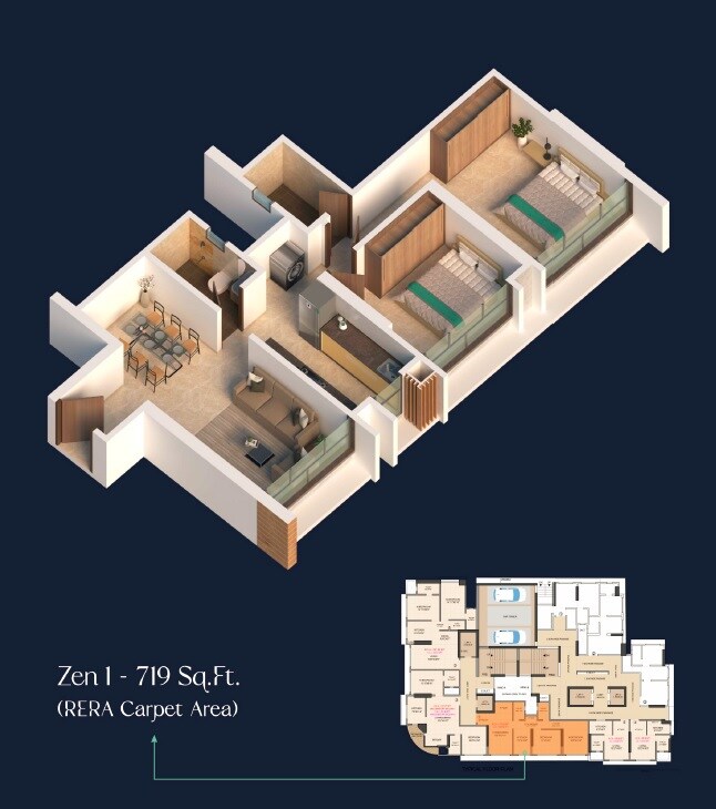 Floor plan of 2 BHK 719 Sq. Ft. Apartment in Entity Zenon, Mumbai