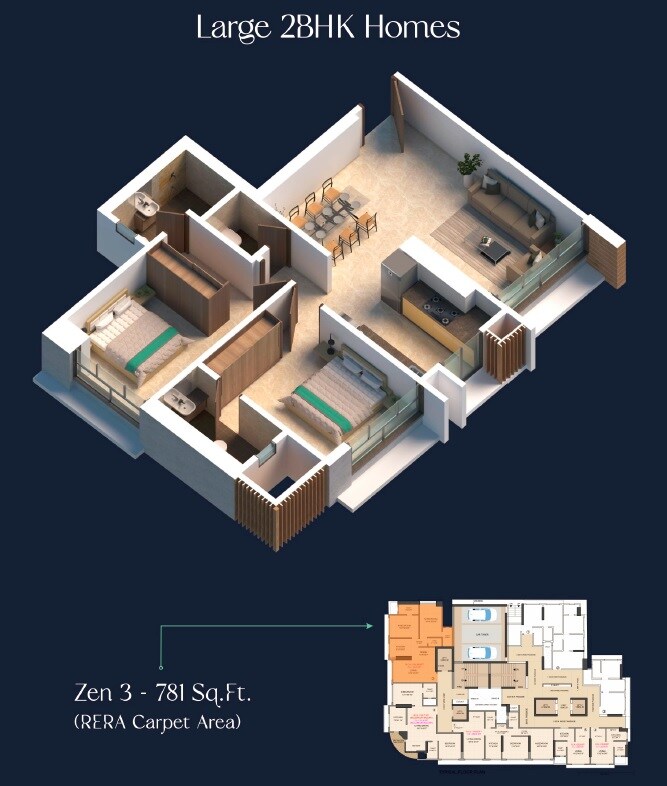 Floor plan of 2 BHK 781 Sq. Ft. Apartment in Entity Zenon, Mumbai