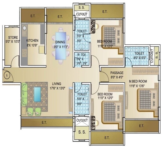 Floor plan of 3 BHK 1201 Sq. Ft. Apartment in Eon One, Mumbai