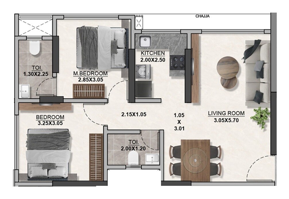 2 BHK 565 Sq. Ft. Apartment