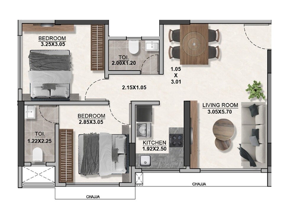 Floor plan of 2 BHK 592 Sq. Ft. Apartment in Eshaan Shri Datta Prasad CHS, Mumbai