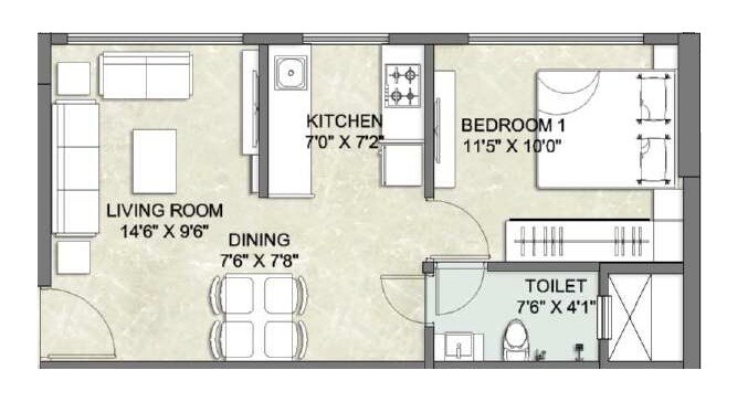 Floor plan of 1 BHK 421 Sq. Ft. Apartment in Essence Ratan Laxmi Villa, Mumbai