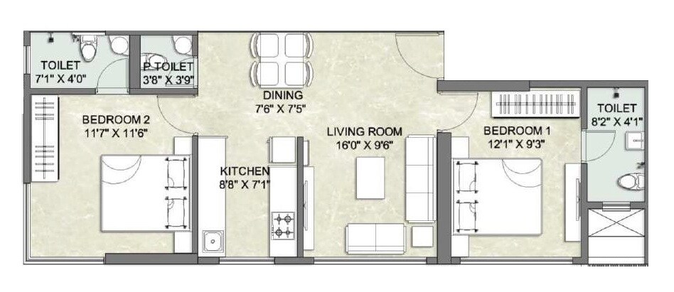 2 BHK 607 Sq. Ft. Apartment