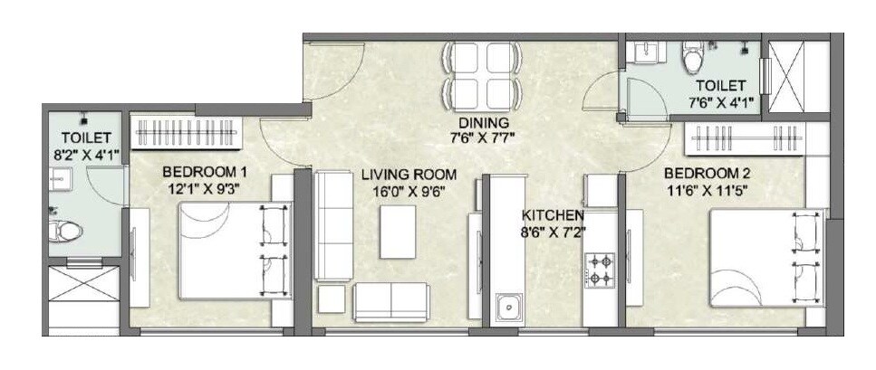 Floor plan of 2 BHK 625 Sq. Ft. Apartment in Essence Ratan Laxmi Villa, Mumbai