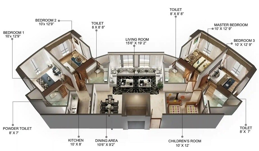 Floor plan of 4 BHK 1600 Sq. Ft. Apartment in Estelle Bellagio, Mumbai