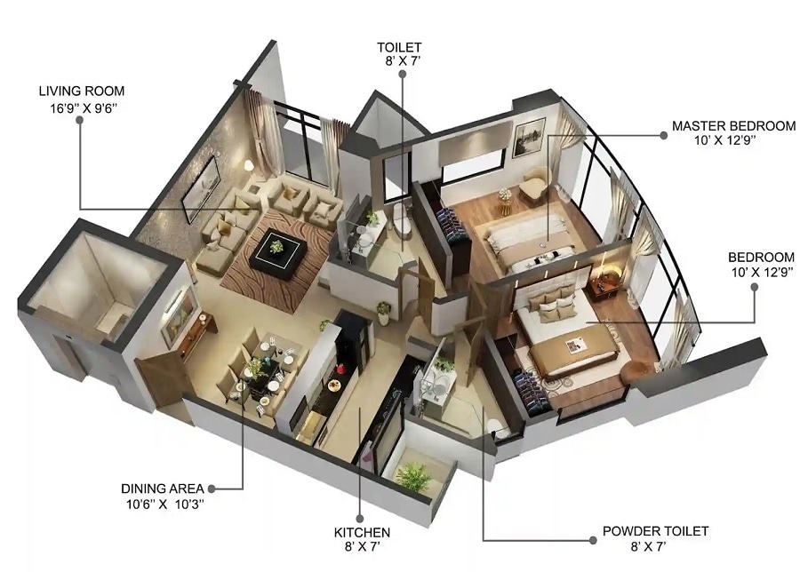 Floor plan of 2 BHK 800 Sq. Ft. Apartment in Estelle Bellagio, Mumbai