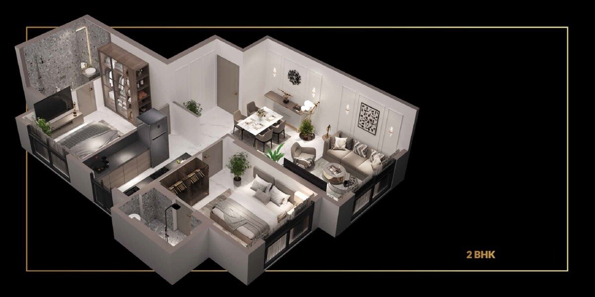 Floor plan of 2 BHK 671 Sq. Ft. Apartment in ESTO Arkis, Mumbai