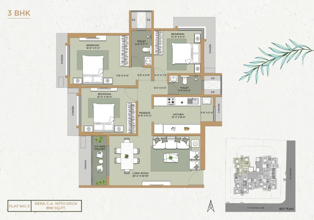 3 BHK 898 Sq. Ft. Apartment