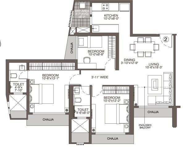 Floor plan of 3 BHK 882 Sq. Ft. Apartment in Evershine Crown, Mumbai