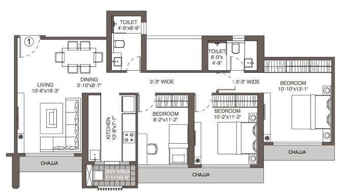 Floor plan of 3 BHK 897 Sq. Ft. Apartment in Evershine Crown, Mumbai