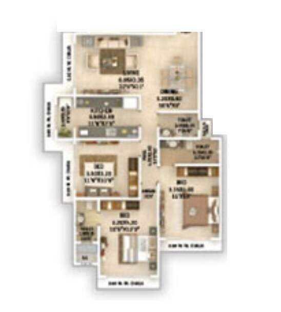 Floor plan of 3 BHK 1036 Sq. Ft. Apartment in Evershine Madhuvan, Mumbai