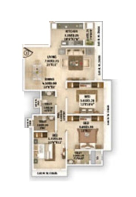 Floor plan of 3 BHK 974 Sq. Ft. Apartment in Evershine Madhuvan, Mumbai