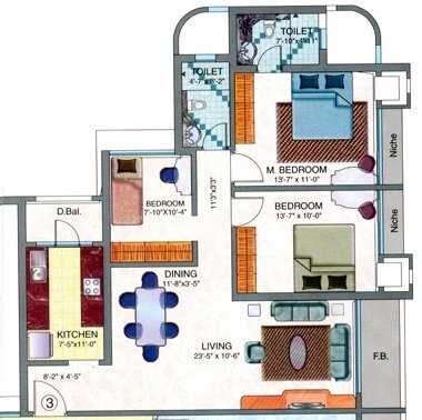 Floor plan of 3 BHK 1470 Sq. Ft. Apartment in Evershine Sapphire, Mumbai
