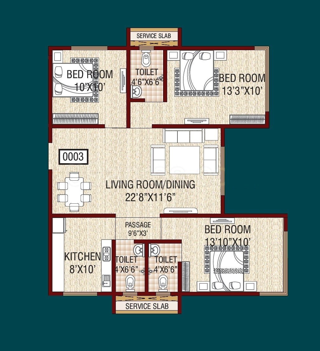 Floor plan of 3 BHK 774 Sq. Ft. Apartment in Excel Smita Apartments, Mumbai
